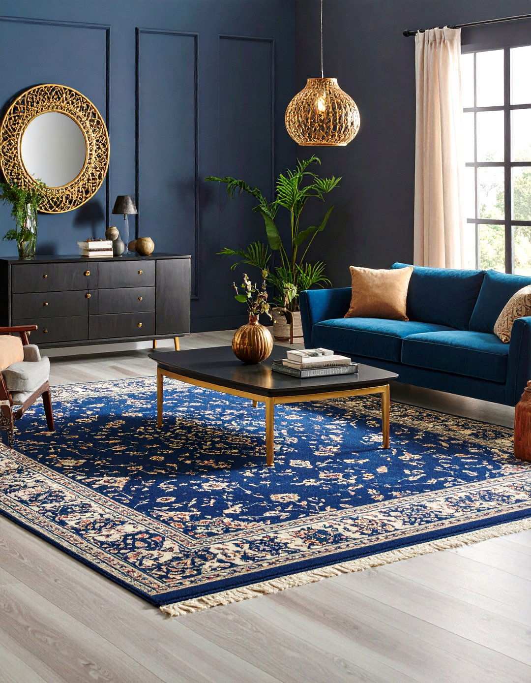 Indigo Rug Meets Ebony Furniture - 20 Black and Blue Living Room Ideas
