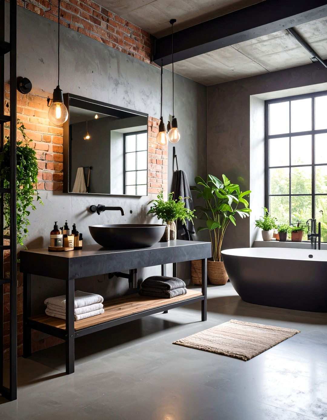 Industrial Bathroom with Black Countertops and Metal Fixtures - 20 bathroom with black countertops ideas