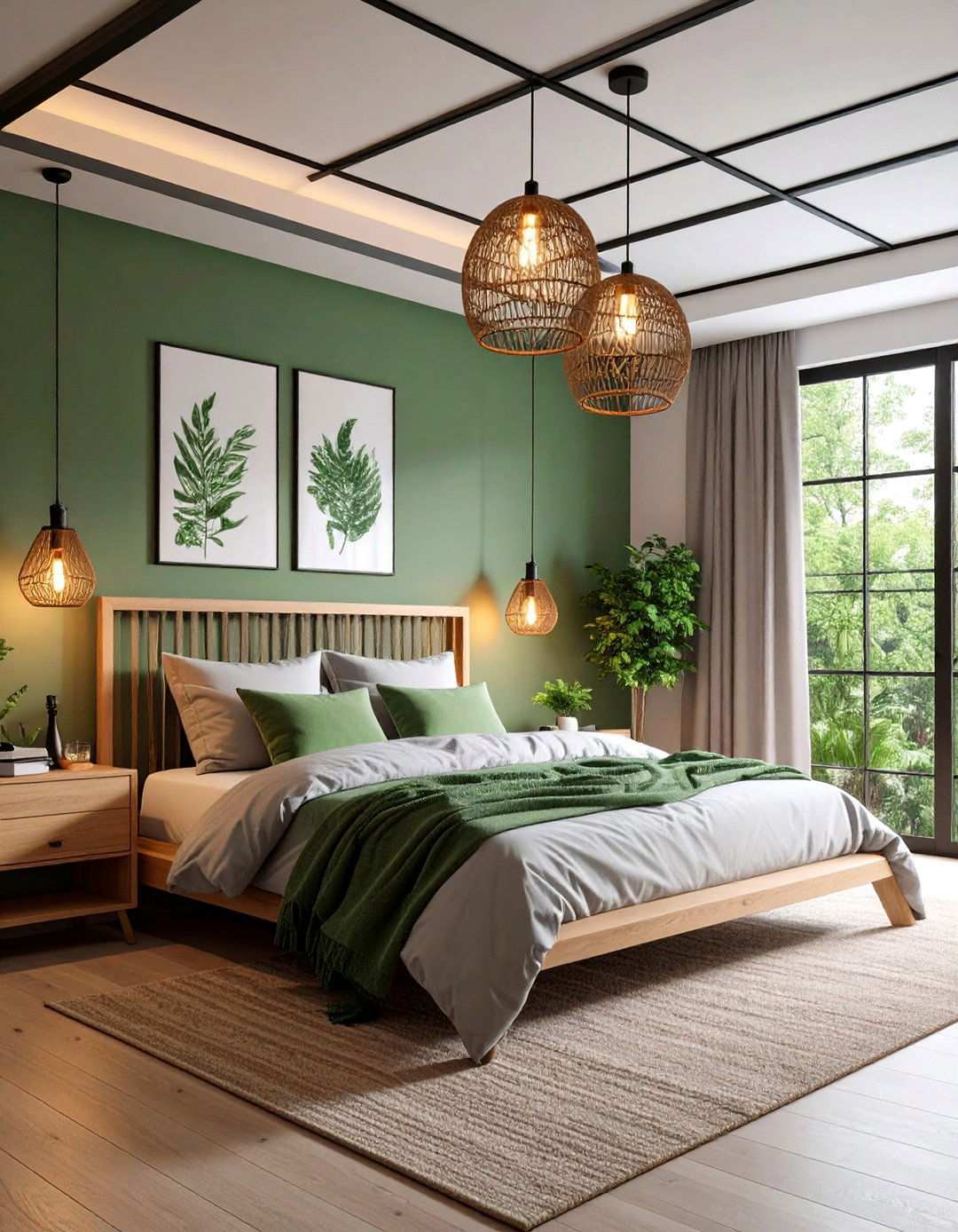 Industrial Black Lighting Grid - 20 Black and Green Bedroom Design Ideas
