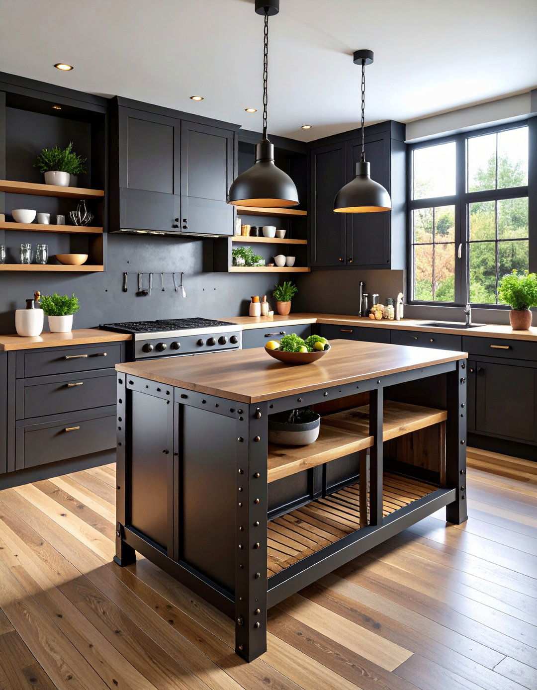 Industrial Black Metal Frame Island with Wood Counter - 20 Black Kitchen Islands