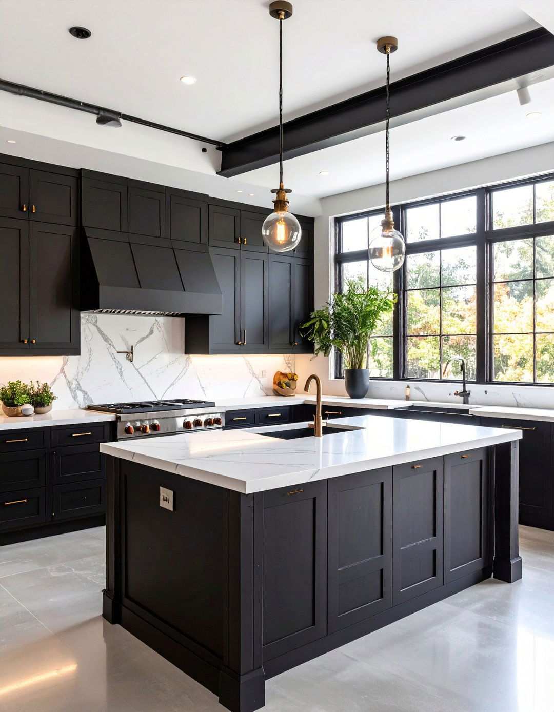 Industrial Edge Black Kitchen Cabinets and Concrete Looks - 20 Black Kitchen Cabinets With White Countertops