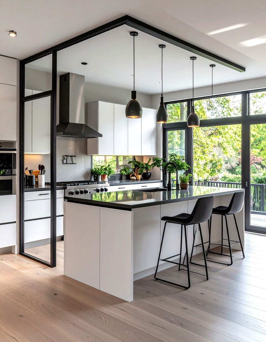 Industrial Glass Partitions Define Zones - 20 Black and White Kitchen Ideas