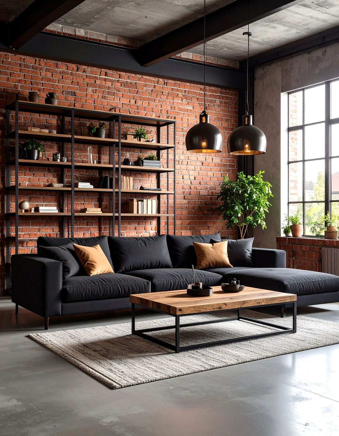 Industrial Loft Setting with a Black Couch - 20 Black Couch Living Room Ideas