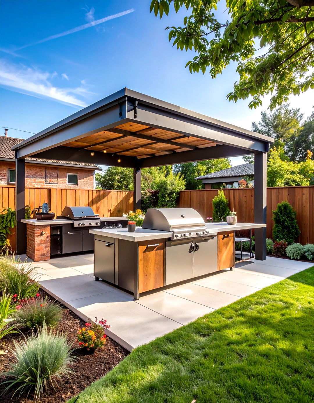 Industrial Style BBQ Area with Metal Framework - 20 bbq area ideas