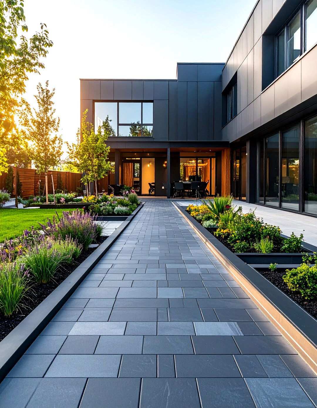 Industrial Style Black Brick Walkway with Metal Accents - 20 Black Brick Walkway Ideas