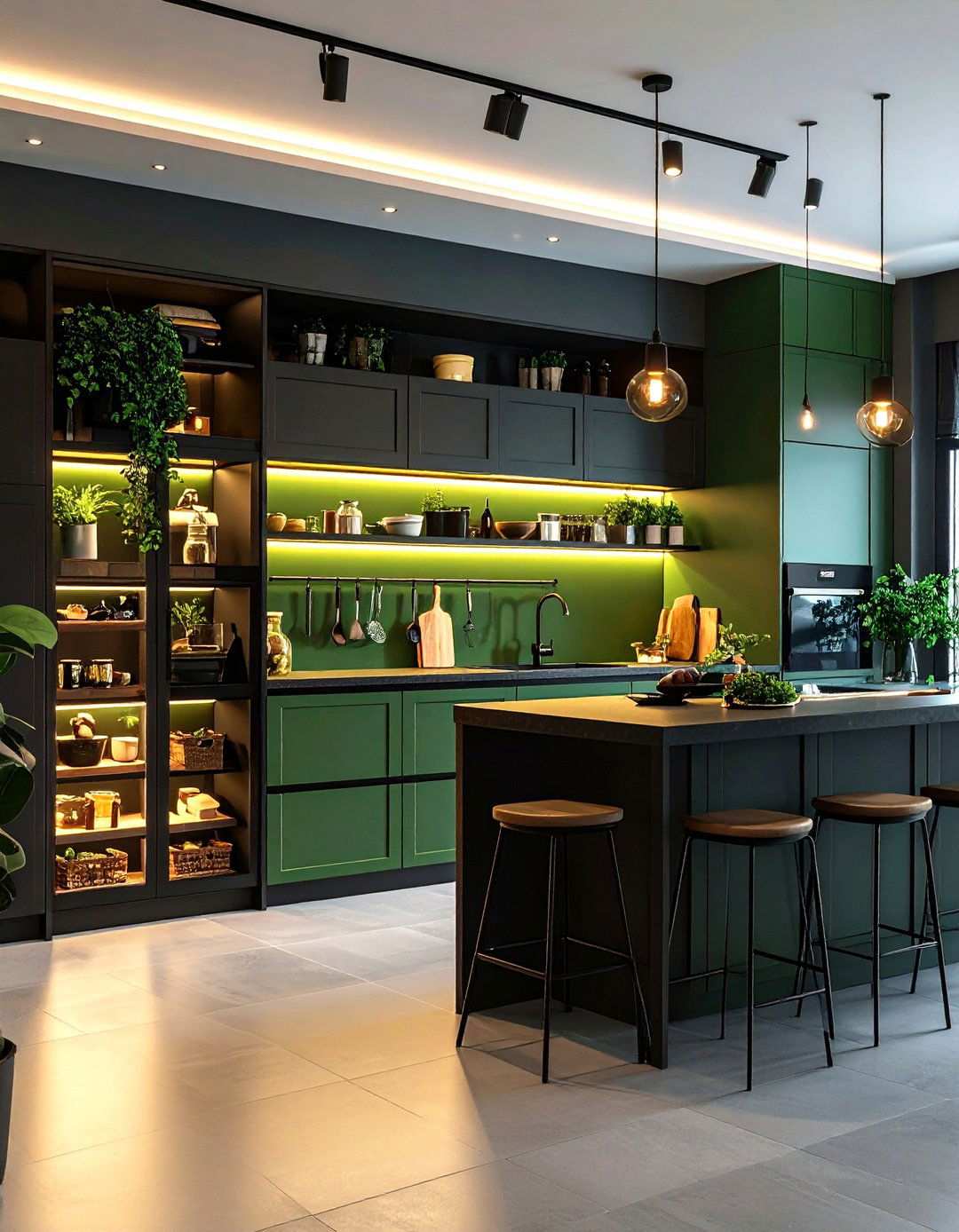 Ink Toned Pantry Kitchen Featuring Moss Interior - 20 Black and Green Kitchen Ideas