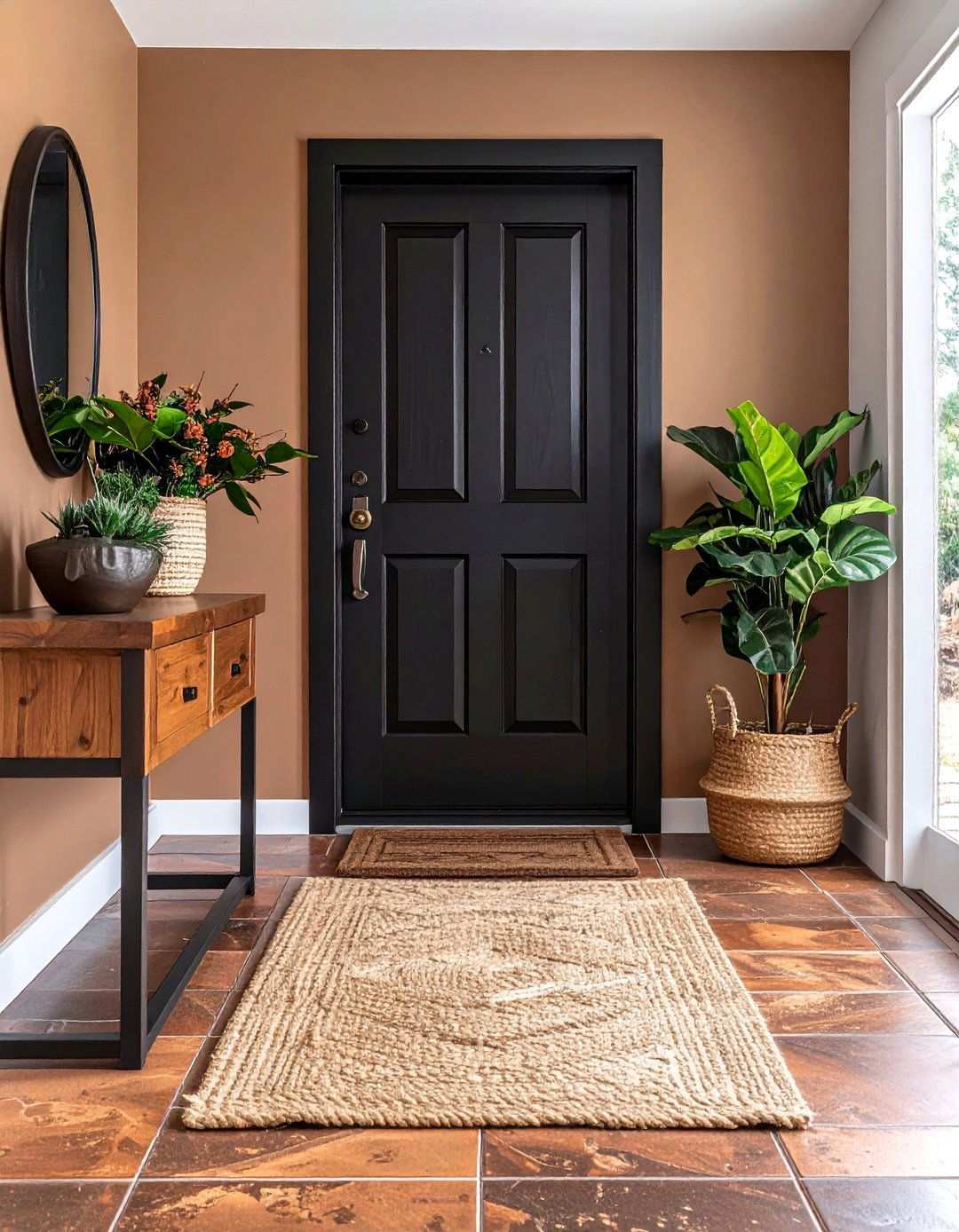 Inky Front Door with Rustic Brown Tile Entry - 20 Black and Brown Interior Design Ideas