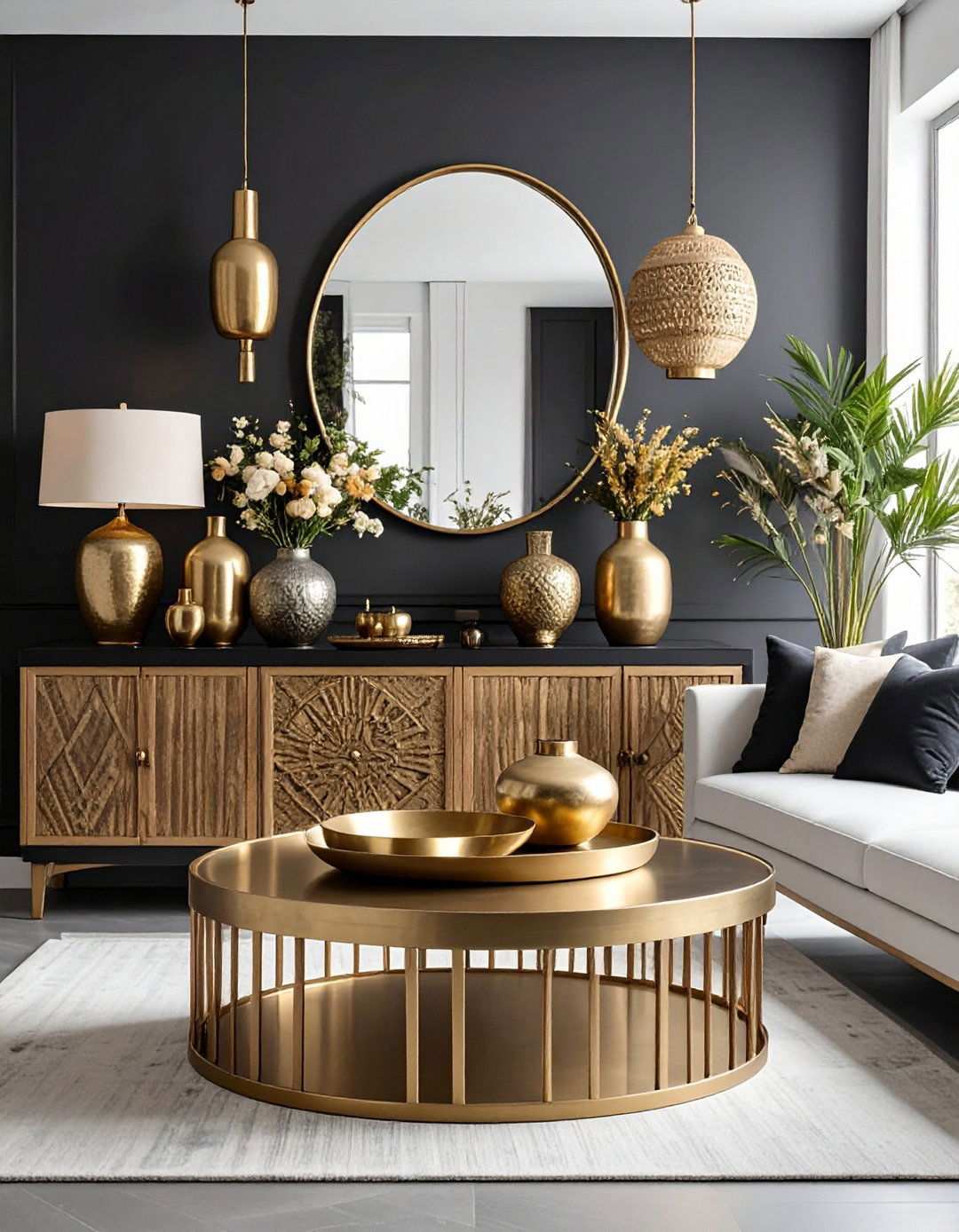Introduce Metallic Accents for Subtle Shine in a Black and White Boho Living Room - 20 Black and White Boho Living Room Ideas