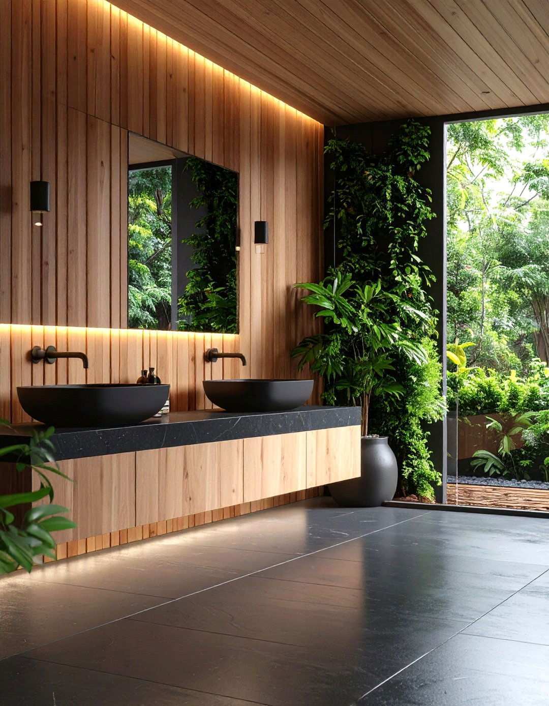 Japandi Serenity through Black Stone and Slatted Cedar - 20 Black and Wood Bathroom Ideas