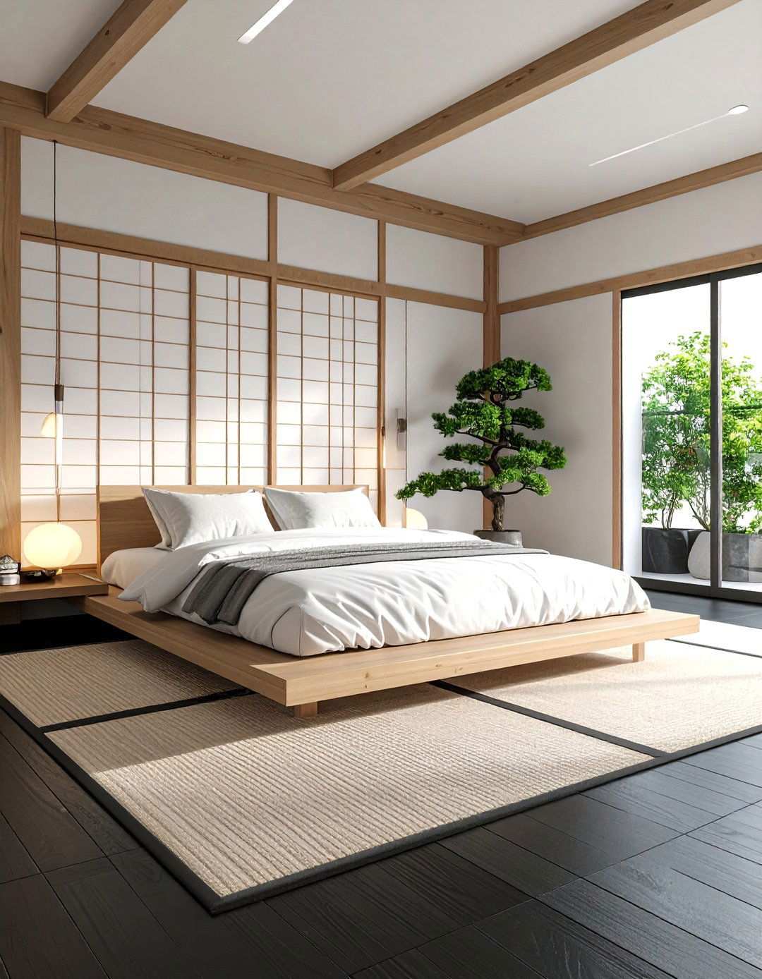 Japanese Inspired Minimalism on Black Floors - 20 Black Floor Bedroom Ideas