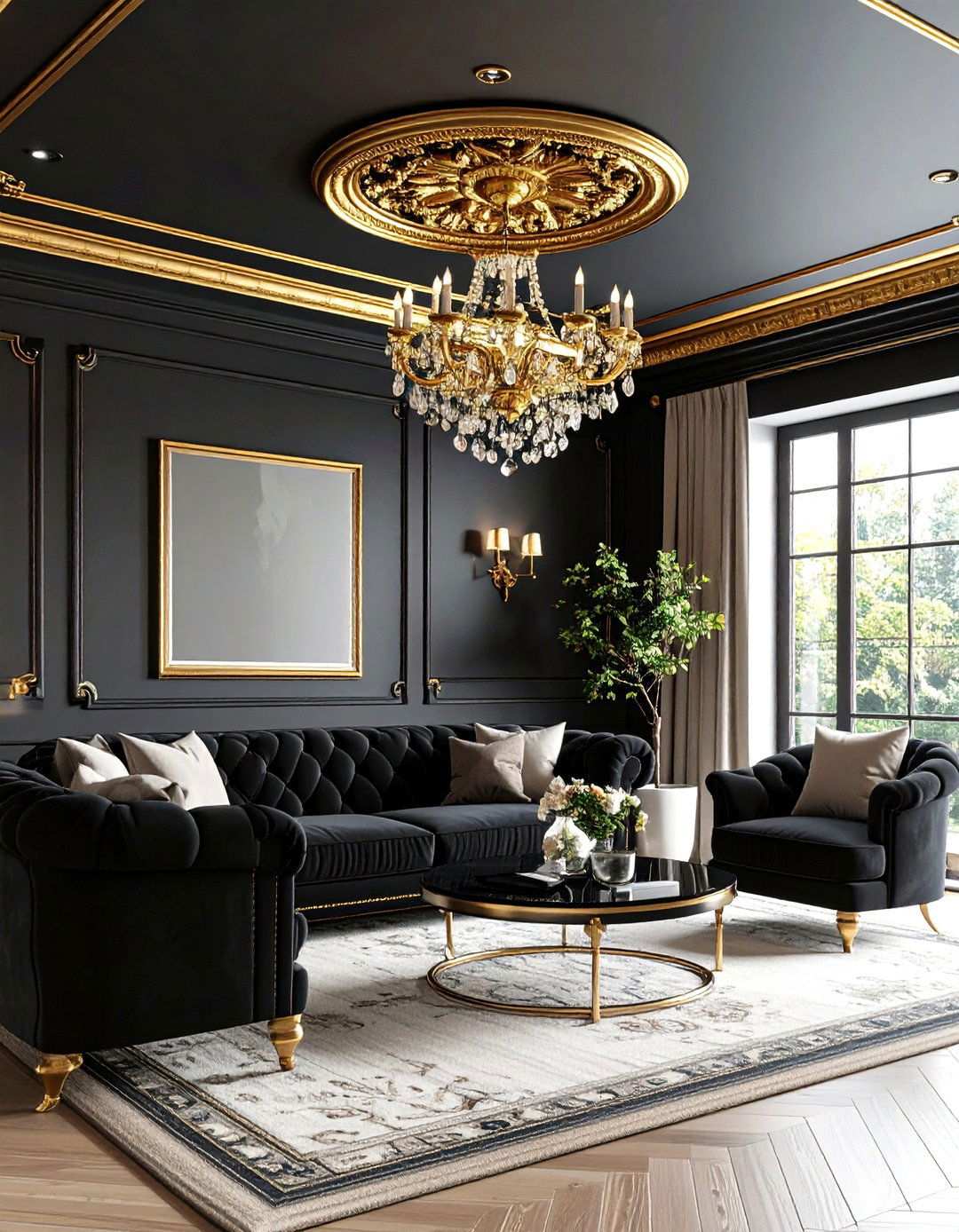 Jet Black Ceiling Medallion Trimmed in Gold - 20 Black and Gold Living Room Ideas