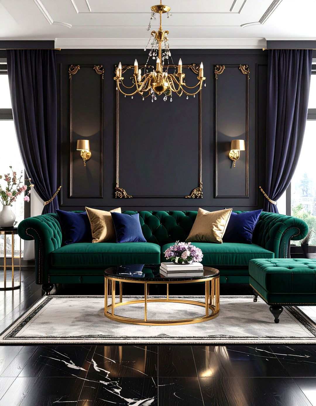 Jewel Tone Drama on Black Flooring - 20 Black Floor Living Room Ideas