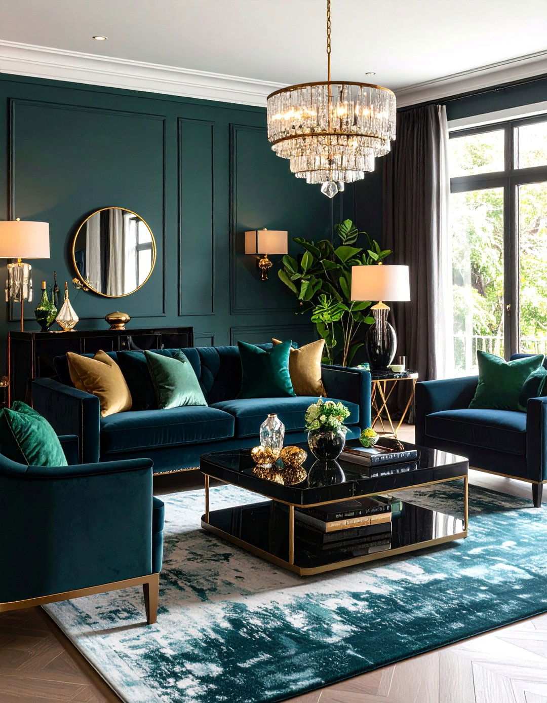 Jewel Tone Layering Navy Onyx Emerald - 20 Black and Blue Living Room Ideas