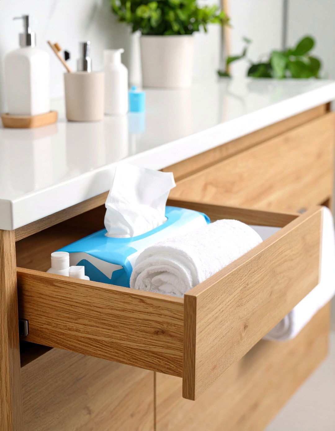 Keep Cleaning Wipes in a Pull Out Drawer Slot - 20 Bathroom Drawer Organization Ideas