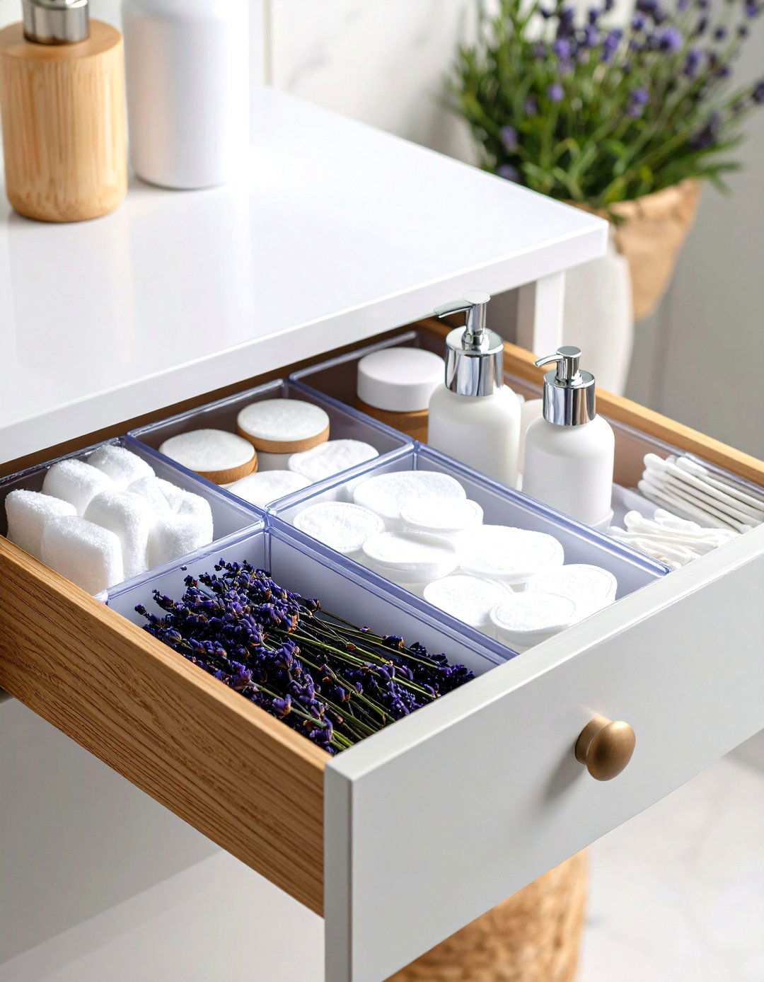 Keep Cotton Pads and Swabs in Slim Drawer Pods - 20 Bathroom Drawer Organization Ideas
