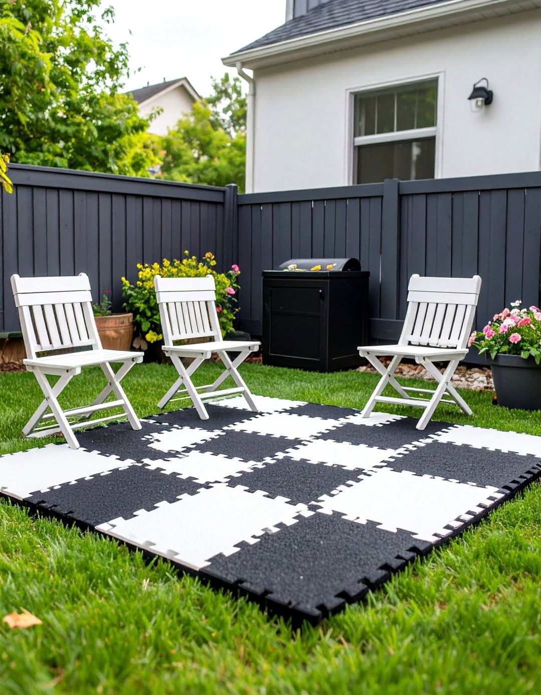 Kid Friendly Play Corner With Patterned Mats - 20 Black and White Patio Ideas