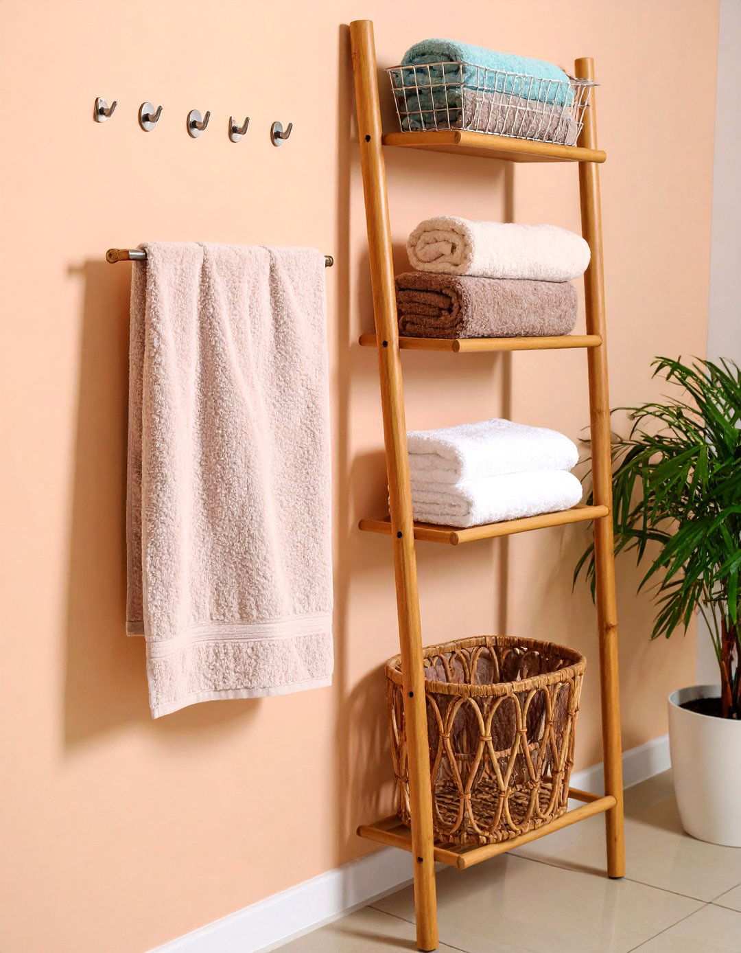 Ladder Rack Adds Vertical Bathroom Storage - 20 Bathroom Storage Ideas