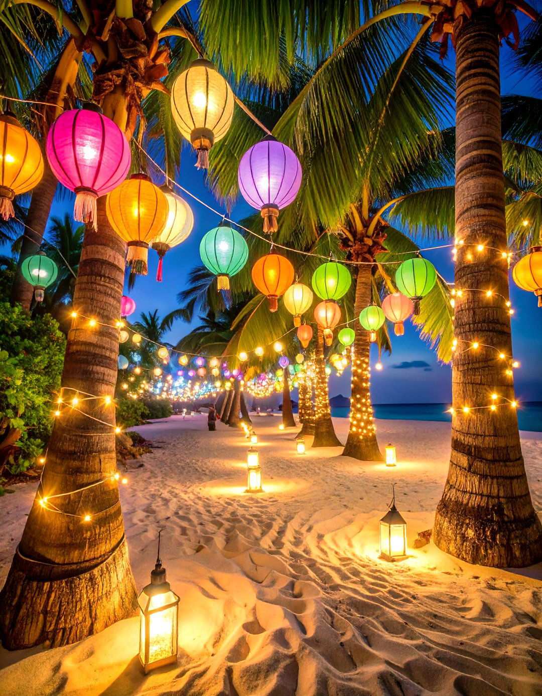 Lanterns and Color Changing String Lights - 20 Beach Wedding Ideas