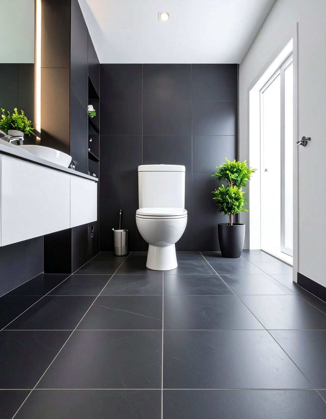 Large Format Black Floor Bathroom Minimizes Grout Lines - 20 Black Floor Bathroom With White Walls Ideas