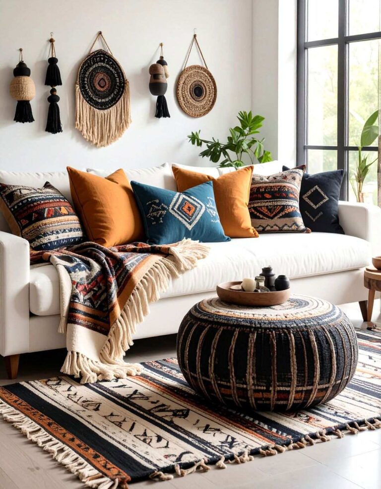 Layer Graphic Textiles in a Black and White Boho Living Room - 20 Black and White Boho Living Room Ideas