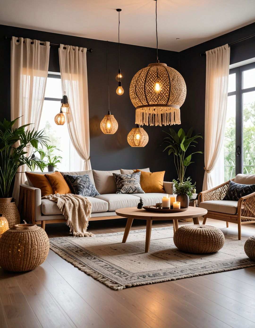 Layer Lanterns and String Lights in a Black and White Boho Living Room - 20 Black and White Boho Living Room Ideas