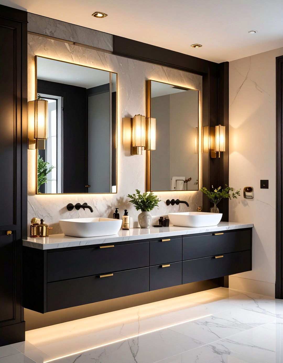 Layered Lighting Plan - 20 Black and Gold Bathroom Ideas