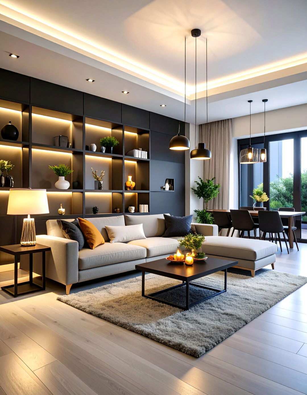 Layered Lighting Sculpts After Dark Ambience - 20 Black and White Living Room Ideas