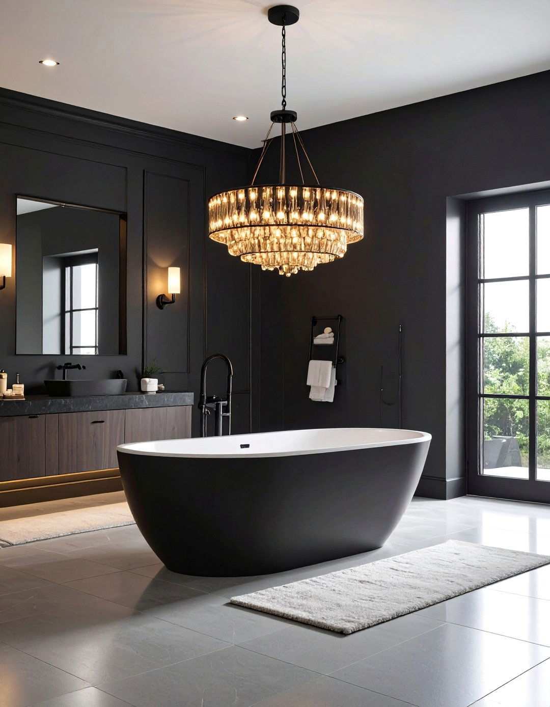 Layered Lighting With Matte Black Bathroom Sconces - 20 Black and Grey Bathroom Ideas