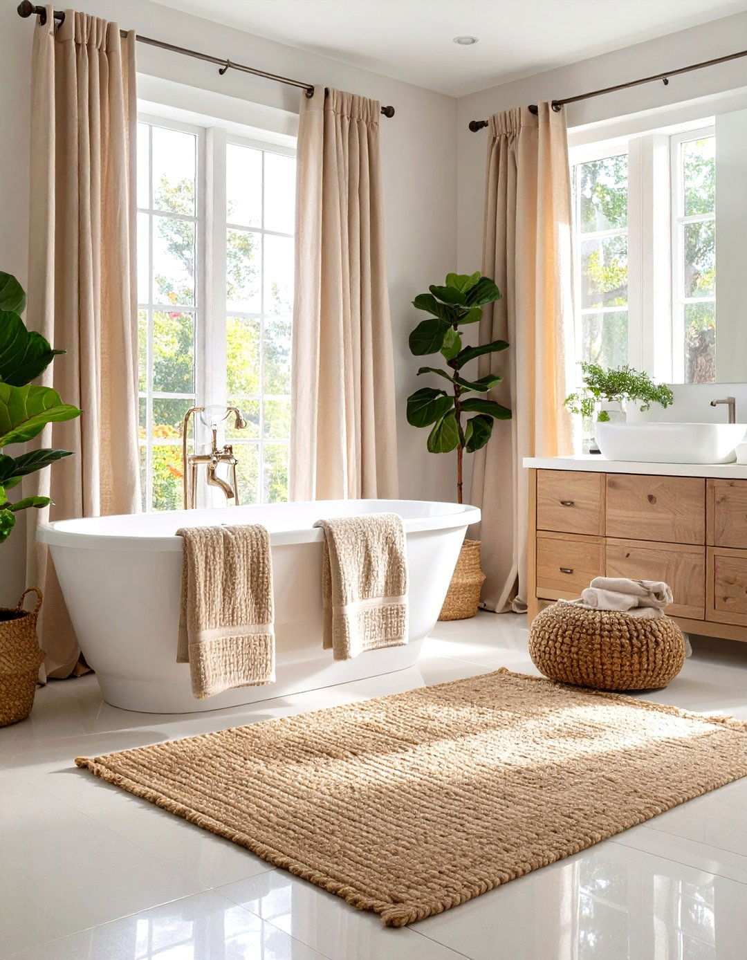 Layered Neutral Linen Bathroom - 20 Beige and White Bathroom Ideas