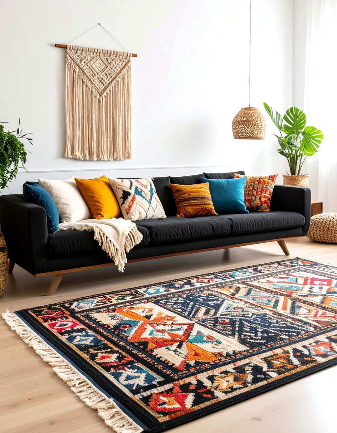Layered Rugs Beneath a Black Couch - 20 Black Couch Living Room Ideas