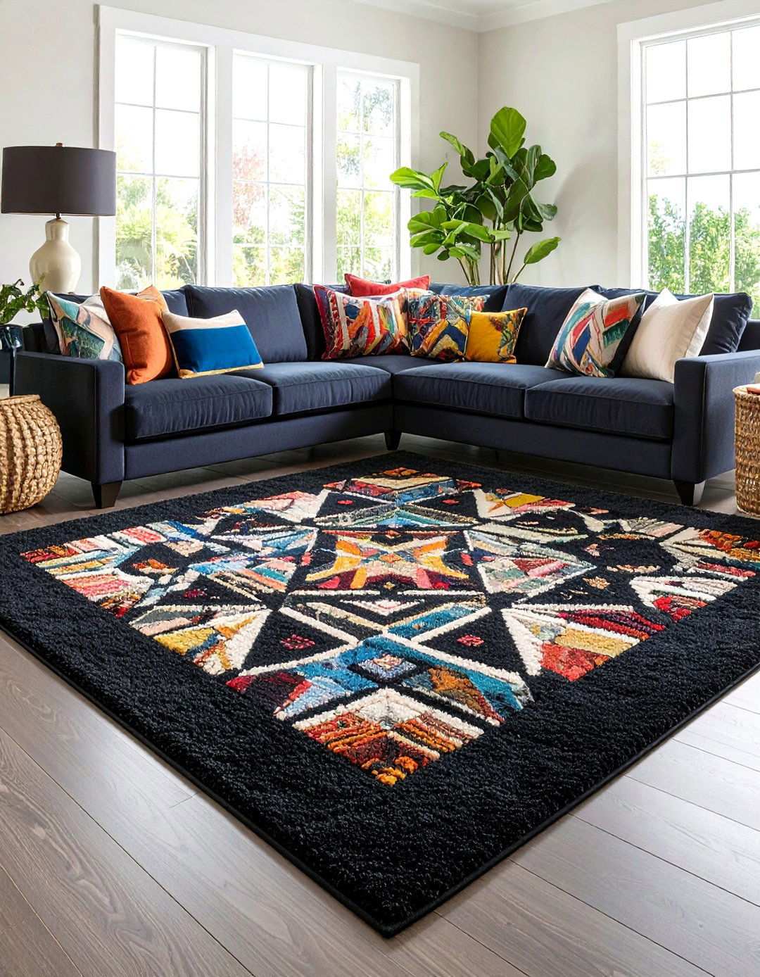 Layered Rugs for Texture Play - 20 Black Carpet Living Room Ideas