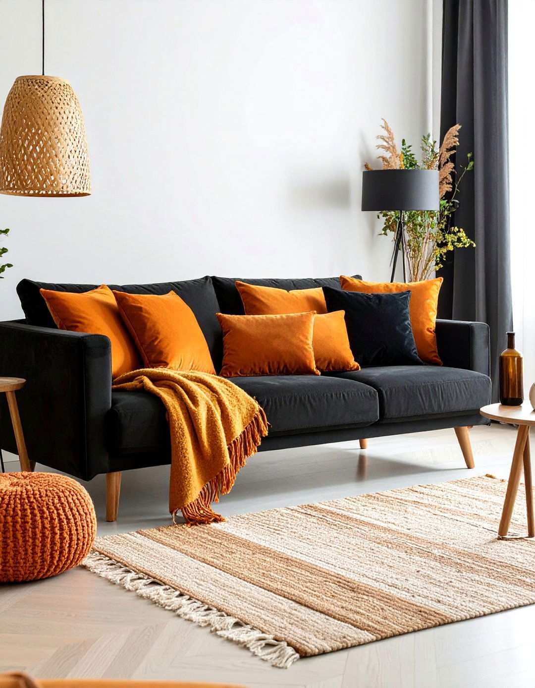 Layered Textiles in Ember and Ink - 20 Black and Orange Living Room Ideas