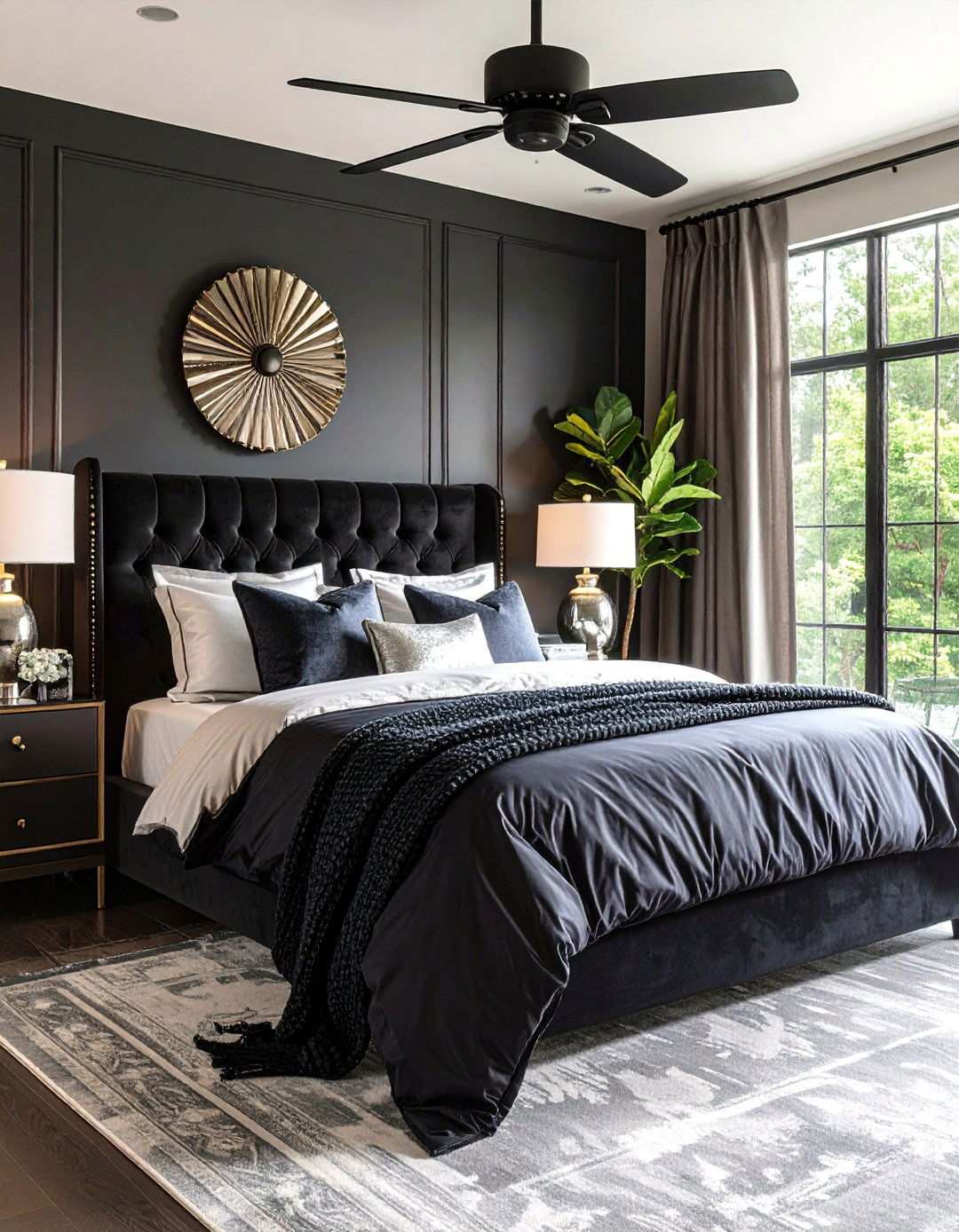 Layered Velvet and Satin Textures in a Black and Silver Bedroom - 20 Black and Silver Bedroom Ideas