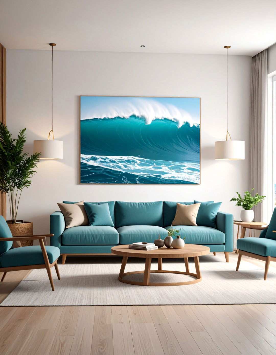 Let Panoramic Ocean Art Dominate a Living Room Wall - 20 Beach House Living Room Ideas