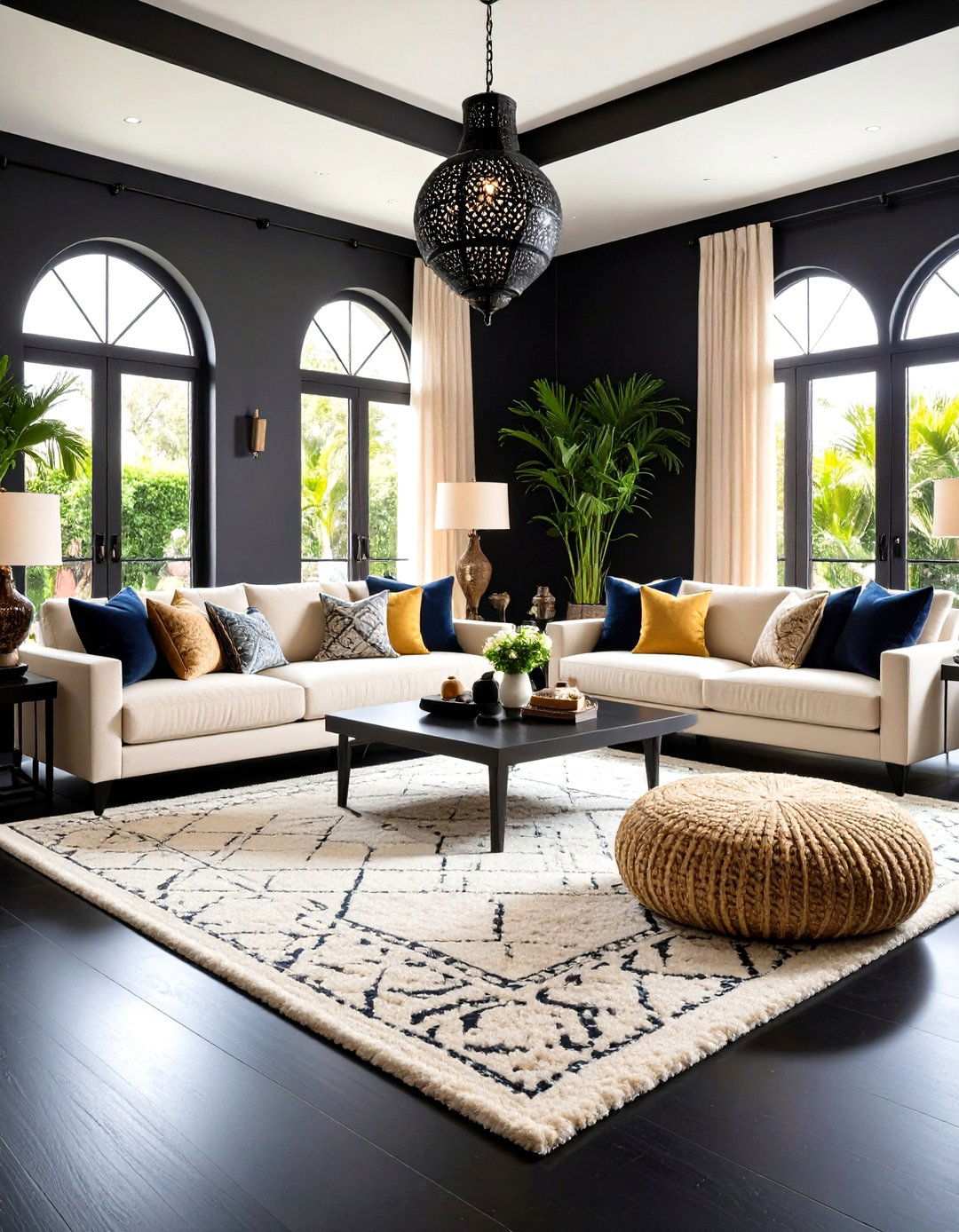 Light Rugs to Brighten the Ground Plane - 20 Black Floor Living Room Ideas