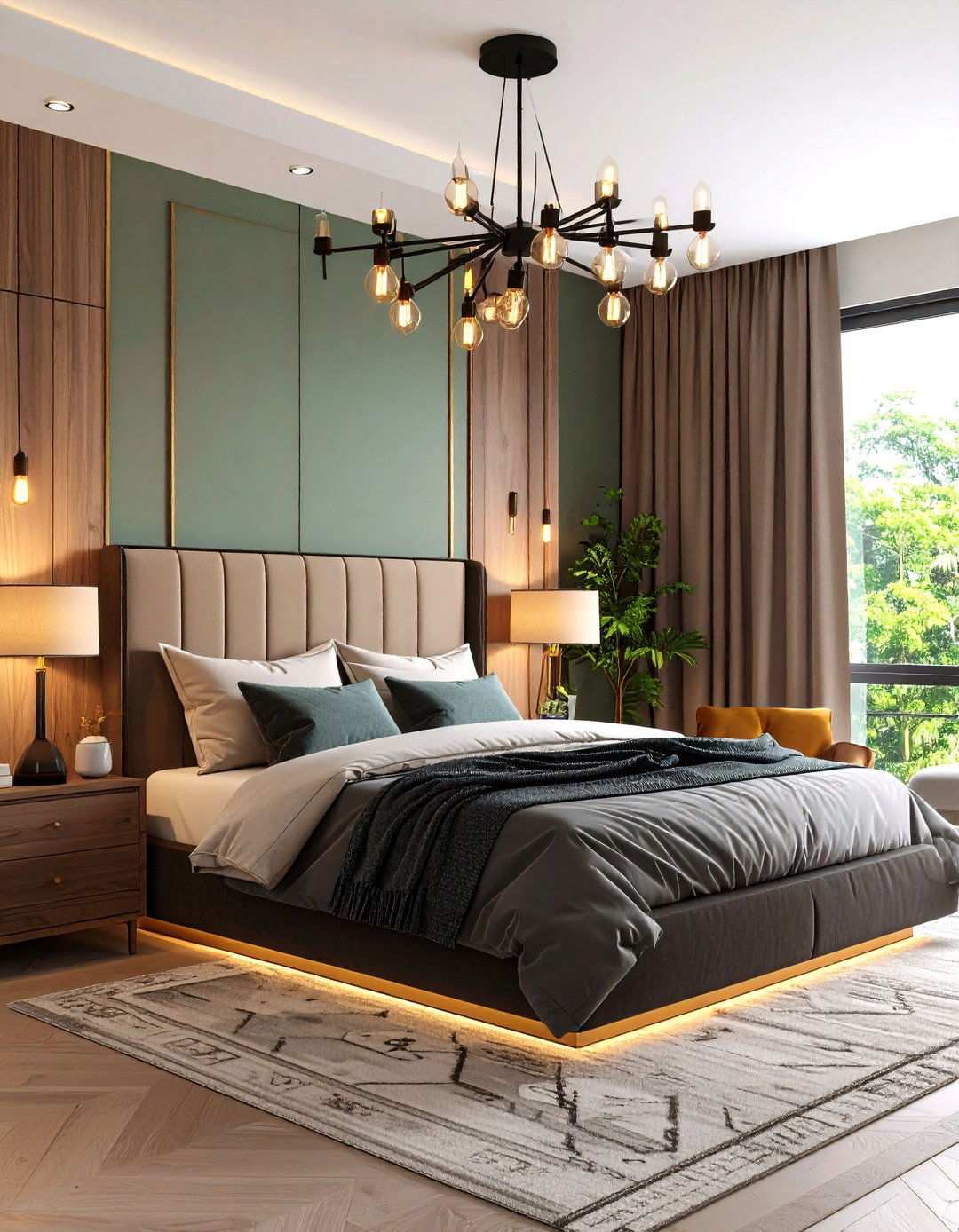 Lighting Layers Enrich a Black and Brown Bedrooms Mood - 20 Black and Brown Bedroom Ideas