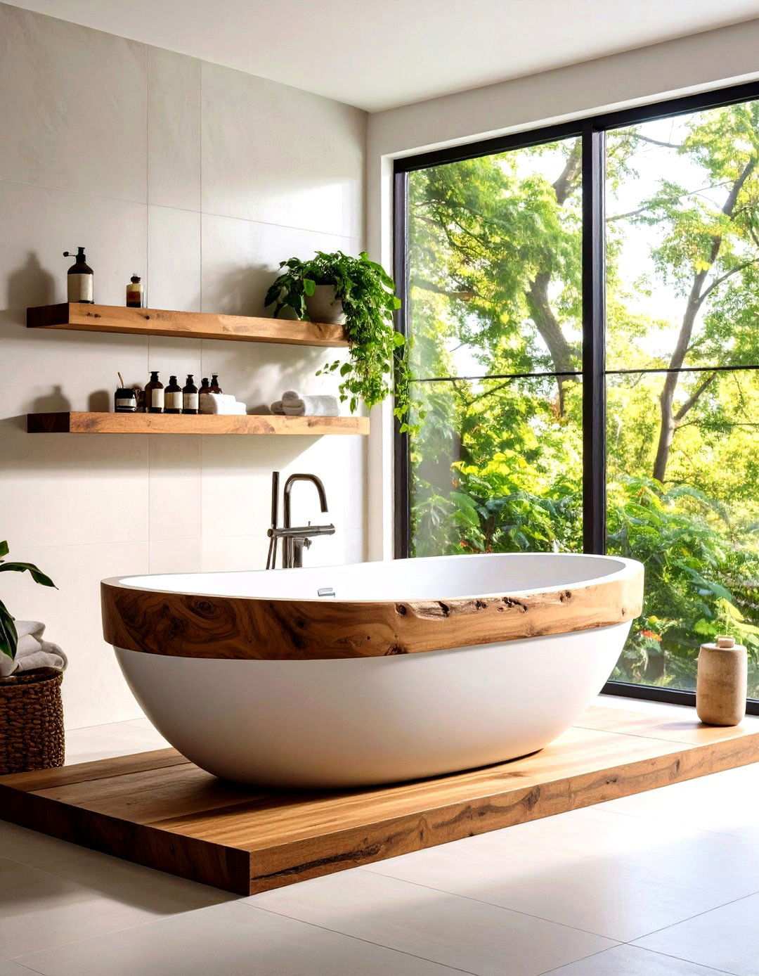 Live Edge Wood Shelf Accents Bathtub Surround Warmth - 20 Bathtub Surround Ideas