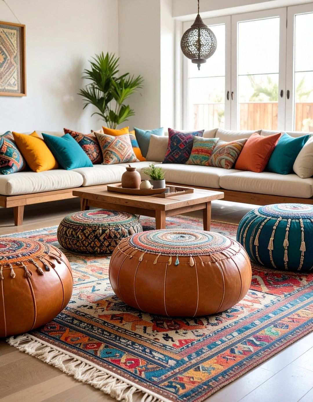 Low Floor Seating and Leather Poufs - 20 Black Boho Living Room Ideas