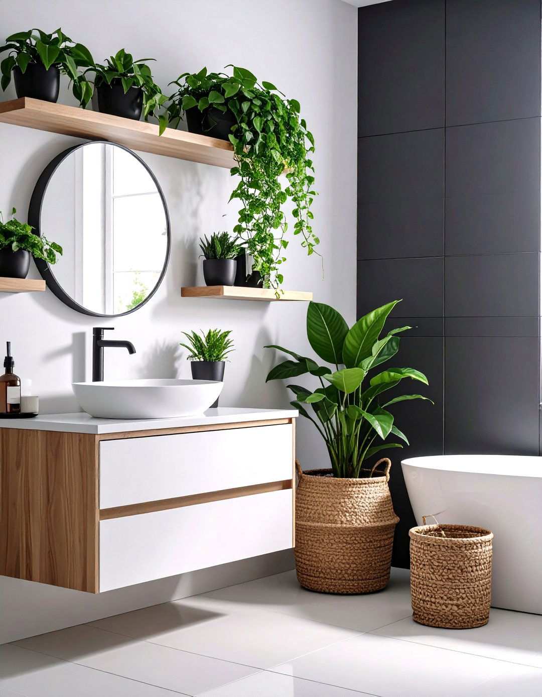 Lush Green Plants Soften Hard Lines - 20 Black and White Bathroom Ideas