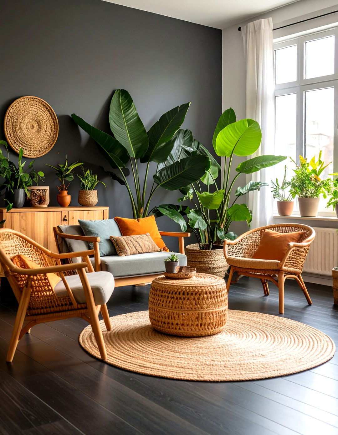 Lush Greenery for Fresh Contrast - 20 Black Floor Living Room Ideas