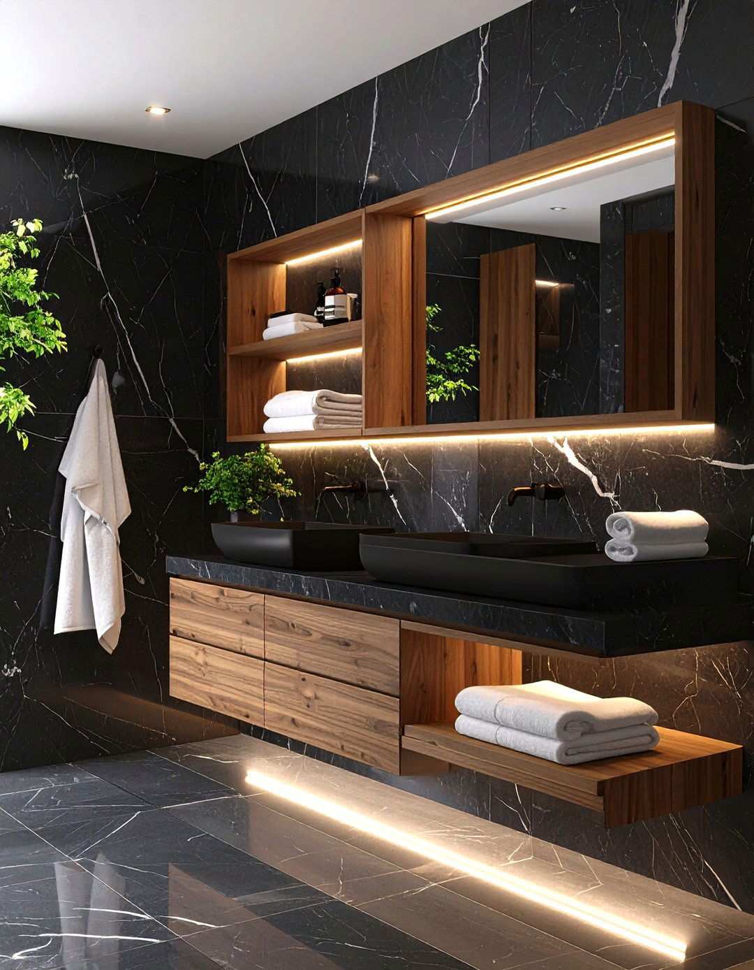 Luxe Touch with Black Marble and Teak Shelving - 20 Black and Wood Bathroom Ideas