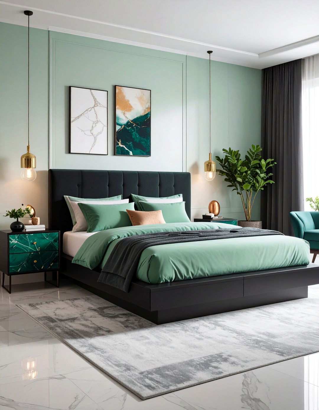 Marble and Malachite Nightstands - 20 Black and Green Bedroom Design Ideas