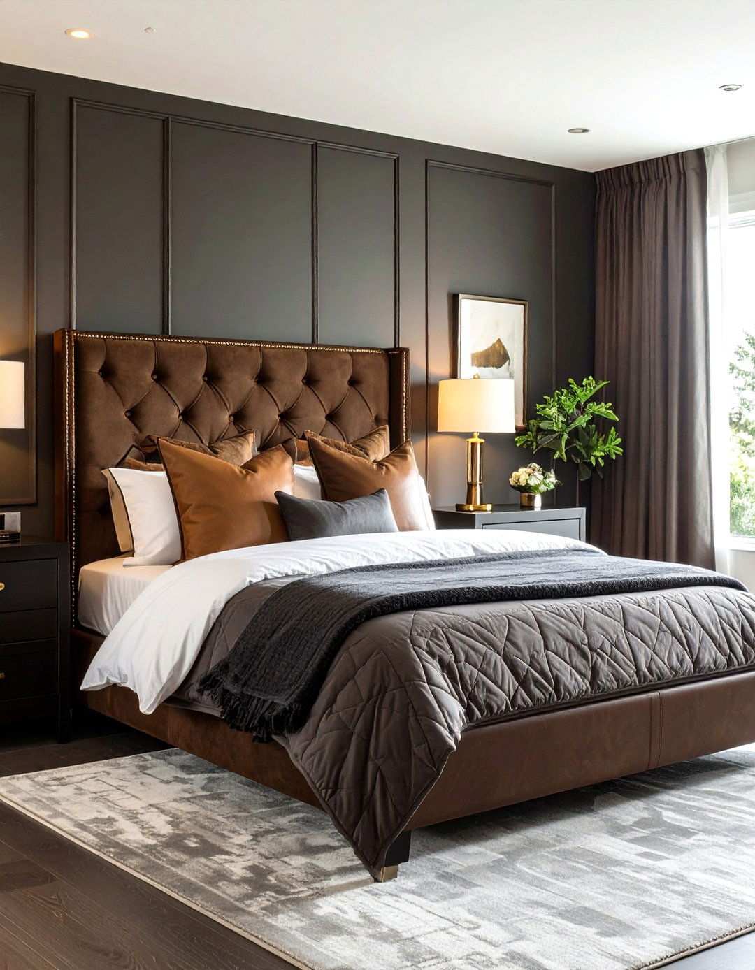 Masculine Luxe Elevates a Black and Brown Bedroom with Suede - 20 Black and Brown Bedroom Ideas