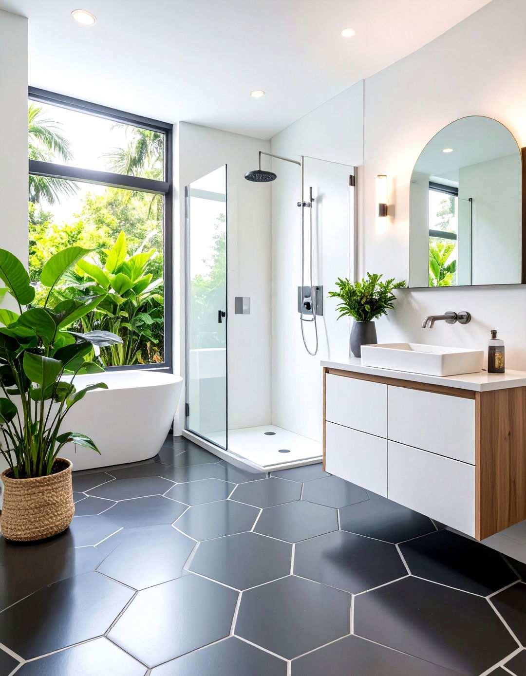 Matte Black Bathroom With Hexagon Tile Floor - 20 Bathrooms With Hexagon Tile Floors