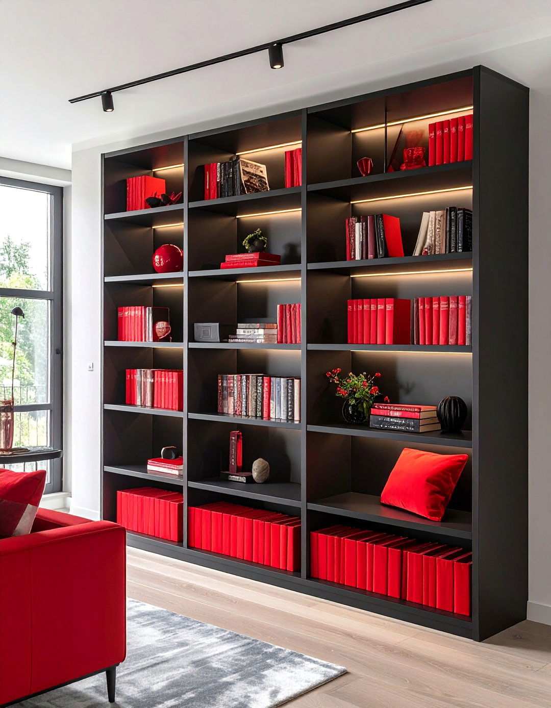 Matte Black Built ins with Red Art - 20 Black and Red Living Room Ideas