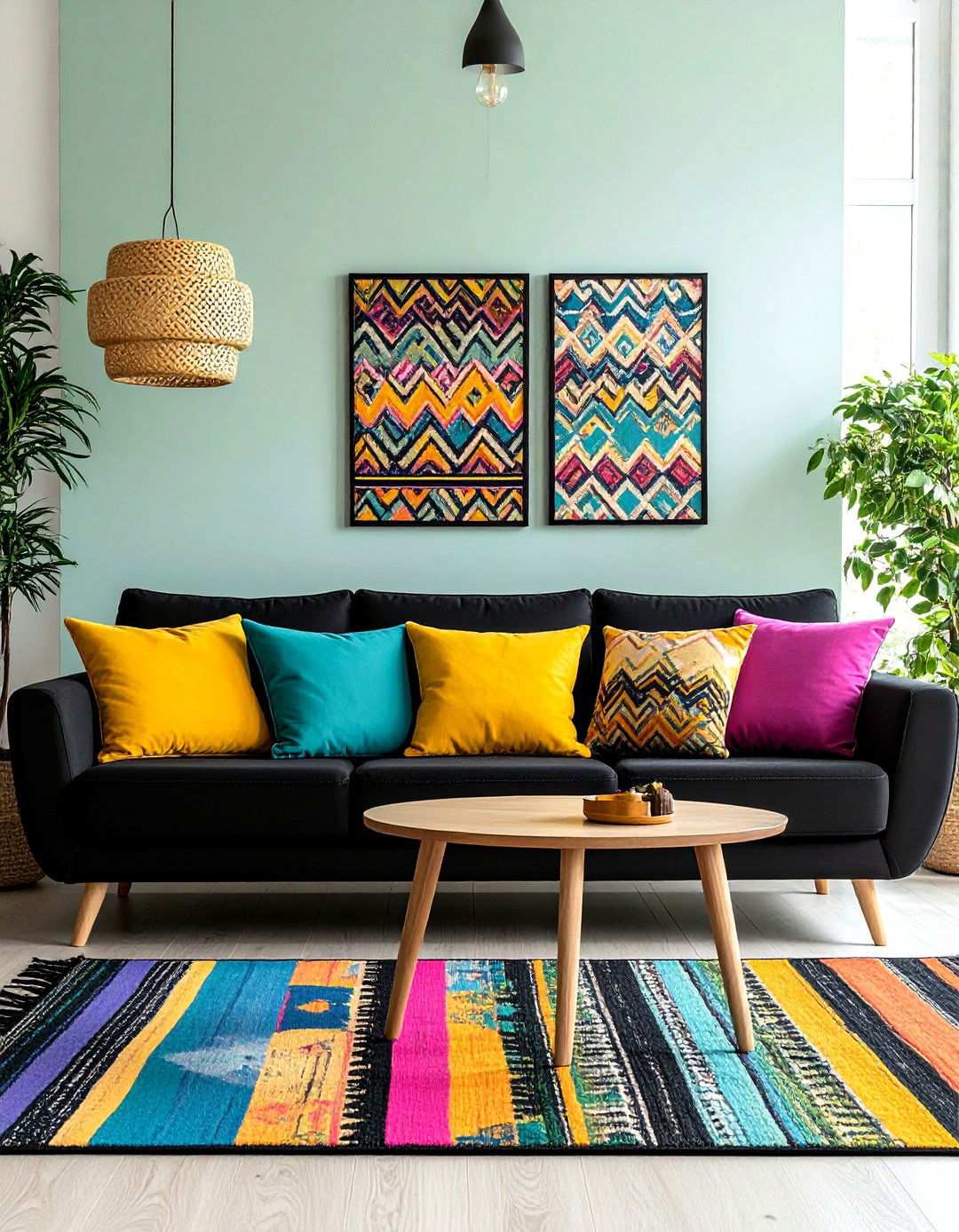 Maximalist Color Pops with a Black Couch - 20 Black Couch Living Room Ideas