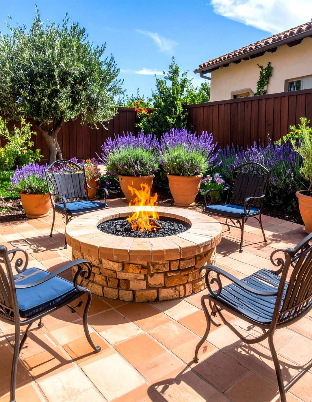 Mediterranean Fire Pit with Terracotta and Herbs - 20 Backyard Fire Pit Ideas Landscaping