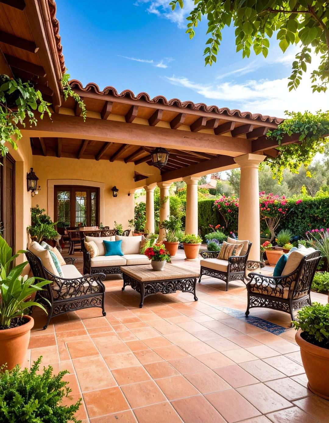 Mediterranean Style Attached Covered Patio with Terra Cotta Elements - 20 Attached Covered Patio Ideas