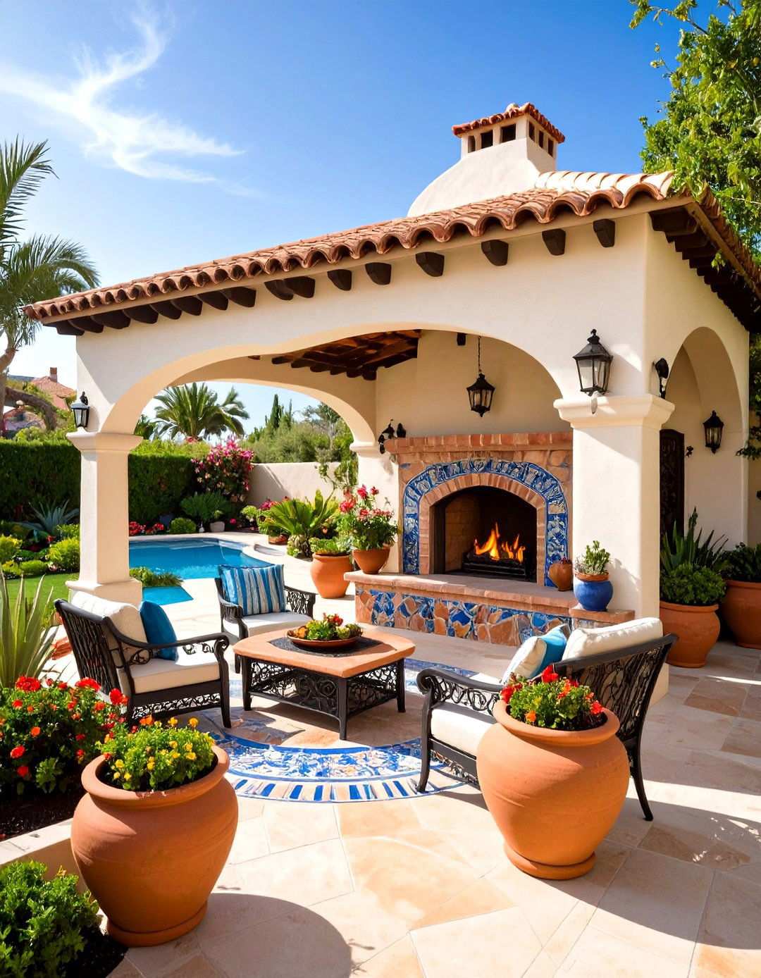 Mediterranean Style Pavilion with Stucco Fireplace - 20 Backyard Pavilion With Fireplace