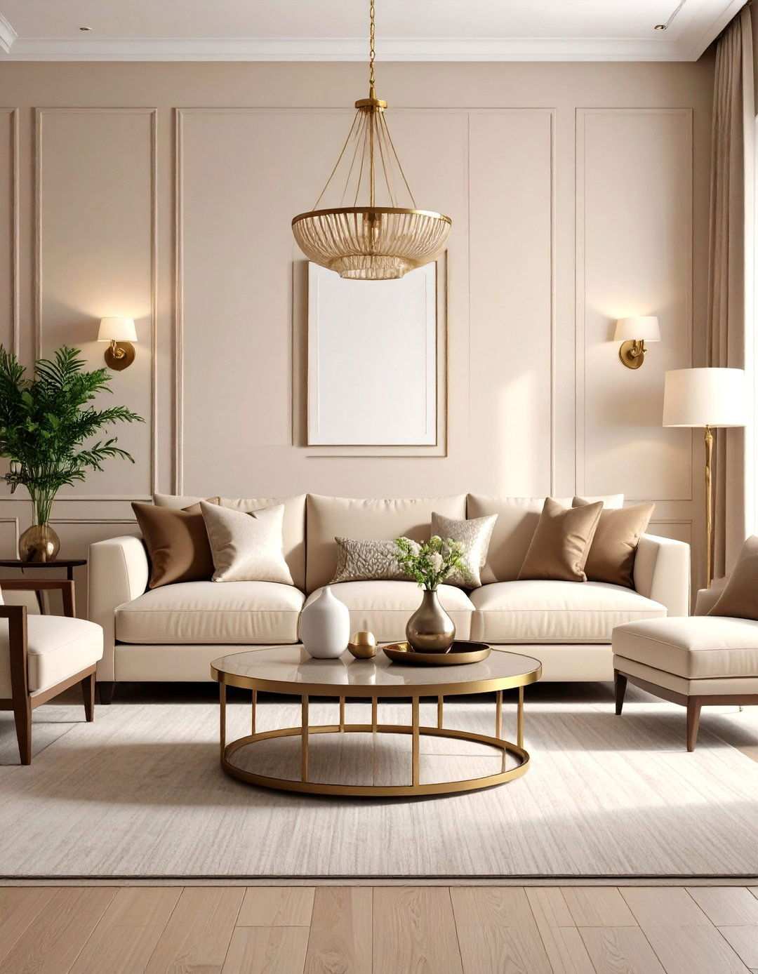 Metallic Accents Elevate a Beige Living Room - 20 Beige Living Room Ideas